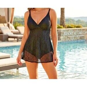 Swim Solutions Black Lace Swimsuit Dress Tummy Control M Adjustable Straps